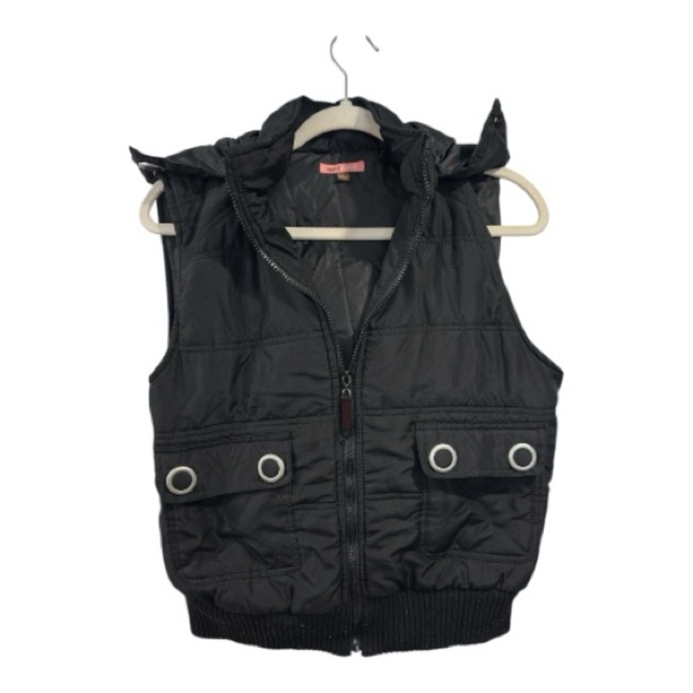 Max Rave Womens Black Quilted Puffer Vest Faux Fur Hood Grommet Pocket Large